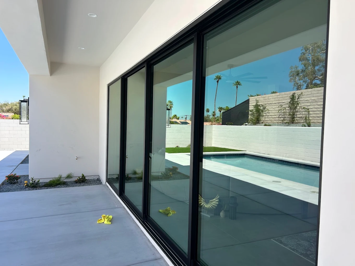 Post-construction sliding glass doors cleaned to a clear finish in the Coachella Valley